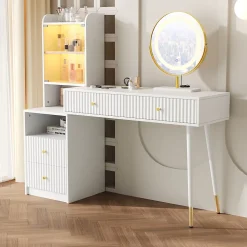 Coiffeuse 100 cm miroir LED tricolore, 4 tiroirs et vitrine lumineuse contrôlable, finition blanche