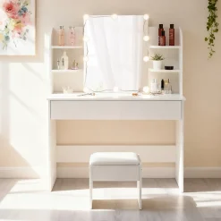 Coiffeuse 100 cm miroir lumineux LED 3 volets blanc, design élégant et grand espace de rangement