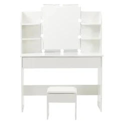 Coiffeuse 100 cm miroir lumineux LED 3 volets blanc, design élégant et grand espace de rangement