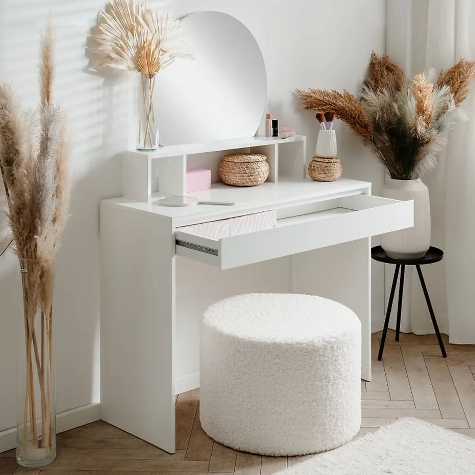 Coiffeuse 1 miroir arrondi, 3 niches supérieures et 1 grand tiroir L100cm - IMAGE