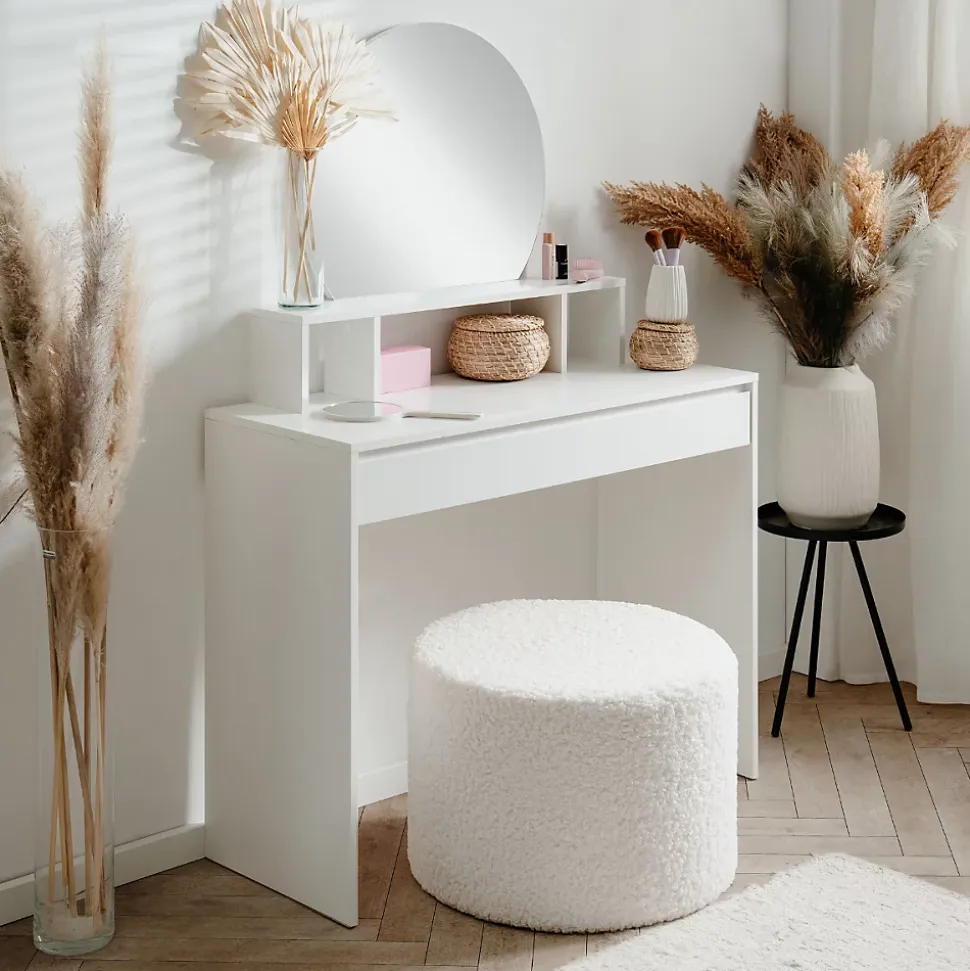 Coiffeuse 1 miroir arrondi, 3 niches supérieures et 1 grand tiroir L100cm - IMAGE