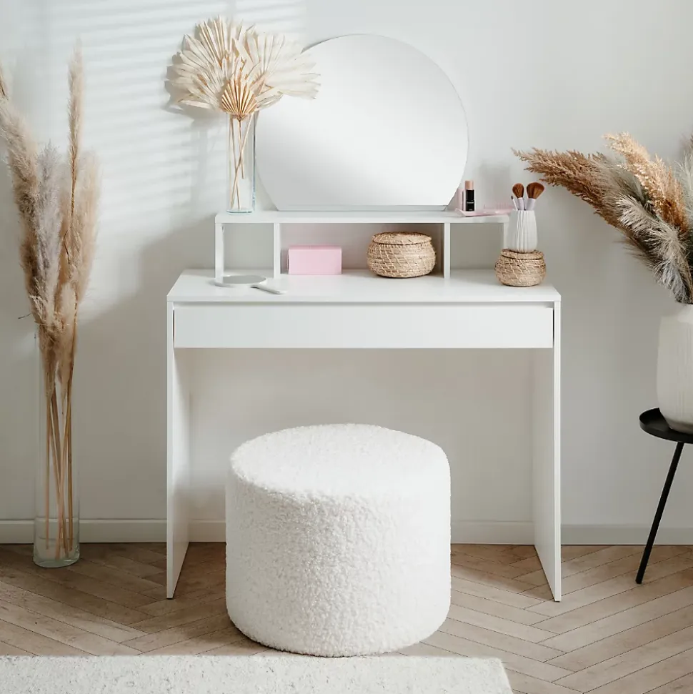 Coiffeuse 1 miroir arrondi, 3 niches supérieures et 1 grand tiroir L100cm - IMAGE