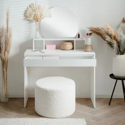 Coiffeuse 1 miroir arrondi, 3 niches supérieures et 1 grand tiroir L100cm - IMAGE