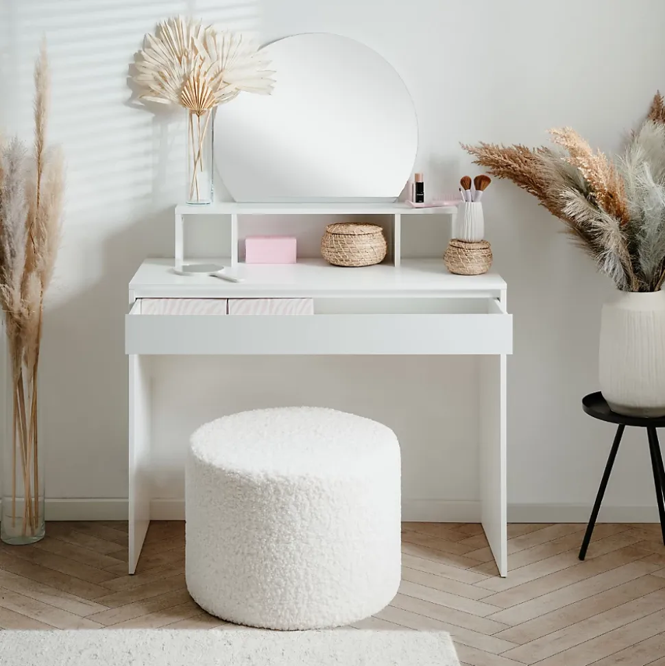 Coiffeuse 1 miroir arrondi, 3 niches supérieures et 1 grand tiroir L100cm - IMAGE