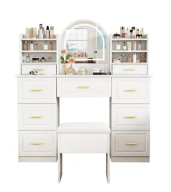 Coiffeuse - Table de Maquillage avec Miroir et Éclairage LED, 9 Tiroirs, Spanplatte pour Salon Chambre - 120x40x135 cm, Blanc