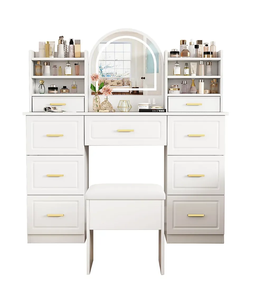 Coiffeuse - Table de Maquillage avec Miroir et Éclairage LED, 9 Tiroirs, Spanplatte pour Salon Chambre - 120x40x135 cm, Blanc