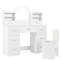 Coiffeuse - Table de Maquillage avec Miroir et Éclairage LED, 9 Tiroirs, Spanplatte pour Salon Chambre - 120x40x135 cm, Blanc