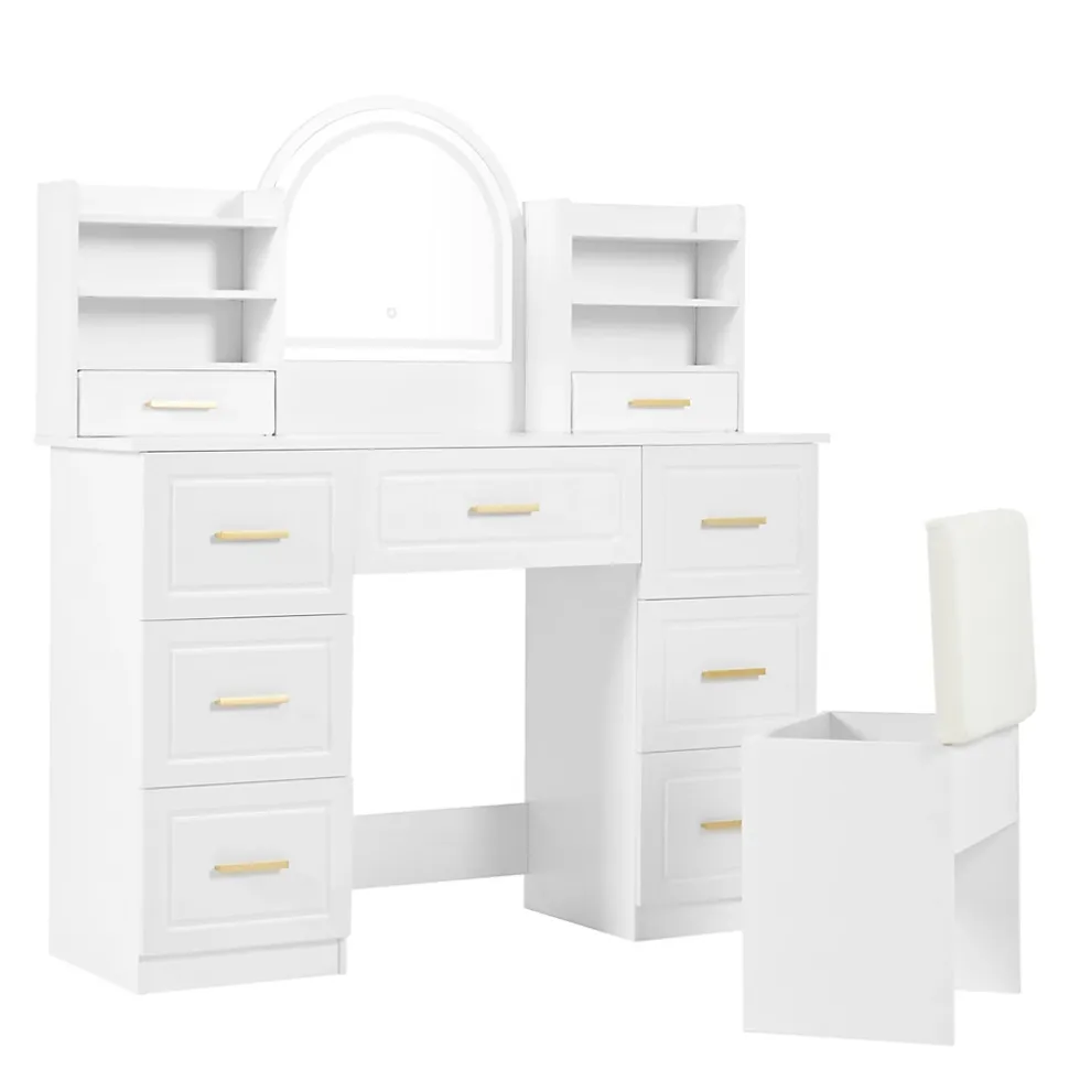 Coiffeuse - Table de Maquillage avec Miroir et Éclairage LED, 9 Tiroirs, Spanplatte pour Salon Chambre - 120x40x135 cm, Blanc