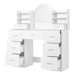 Coiffeuse - Table de Maquillage avec Miroir et Éclairage LED, 9 Tiroirs, Spanplatte pour Salon Chambre - 120x40x135 cm, Blanc
