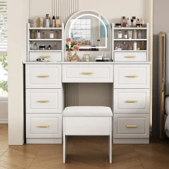 Coiffeuse - Table de Maquillage avec Miroir et Éclairage LED, 9 Tiroirs, Spanplatte pour Salon Chambre - 120x40x135 cm, Blanc