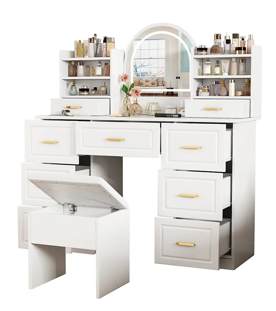 Coiffeuse - Table de Maquillage avec Miroir et Éclairage LED, 9 Tiroirs, Spanplatte pour Salon Chambre - 120x40x135 cm, Blanc