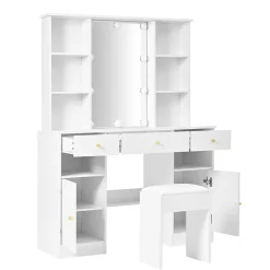 Coiffeuse - Table de Maquillage avec Éclairage LED, Miroir et Housse, 3 Tiroirs, 2 Portes, Spanplatte - 110x40x151 cm, Blanc