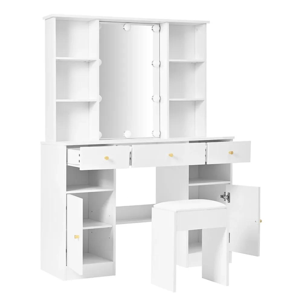 Coiffeuse - Table de Maquillage avec Éclairage LED, Miroir et Housse, 3 Tiroirs, 2 Portes, Spanplatte - 110x40x151 cm, Blanc