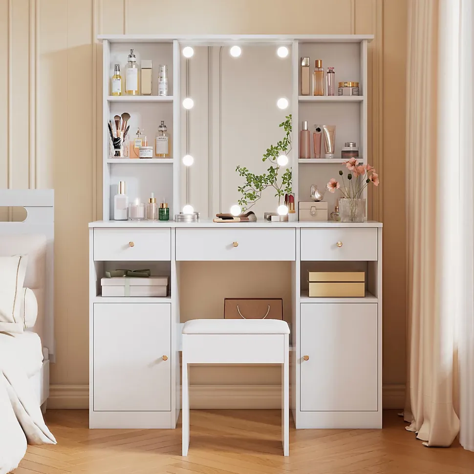 Coiffeuse - Table de Maquillage avec Éclairage LED, Miroir et Housse, 3 Tiroirs, 2 Portes, Spanplatte - 110x40x151 cm, Blanc