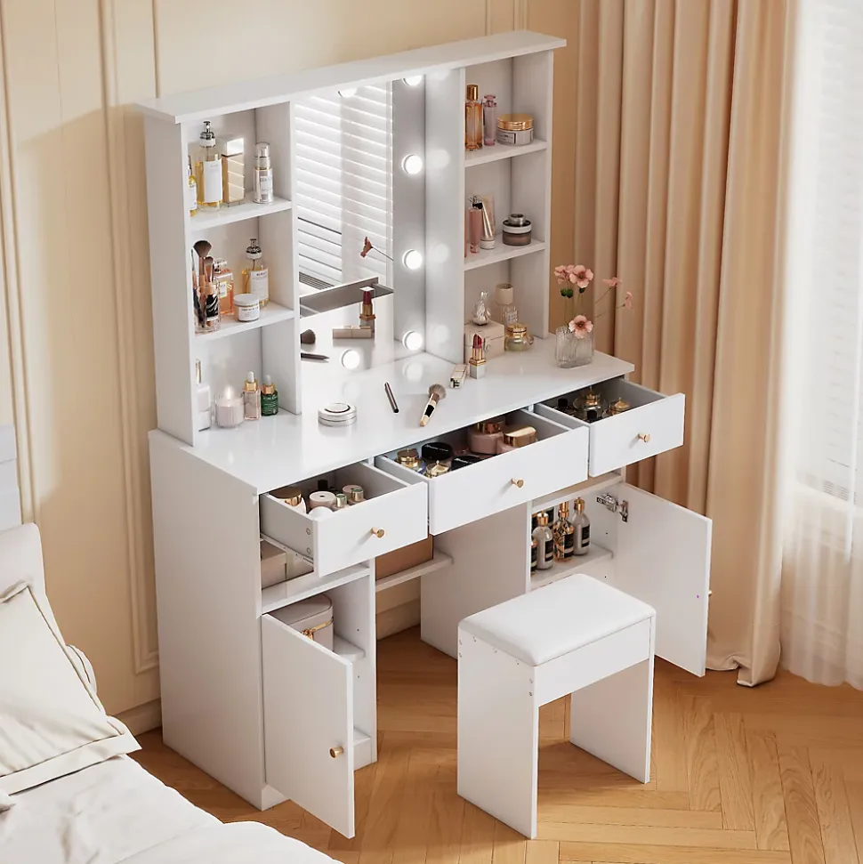 Coiffeuse - Table de Maquillage avec Éclairage LED, Miroir et Housse, 3 Tiroirs, 2 Portes, Spanplatte - 110x40x151 cm, Blanc