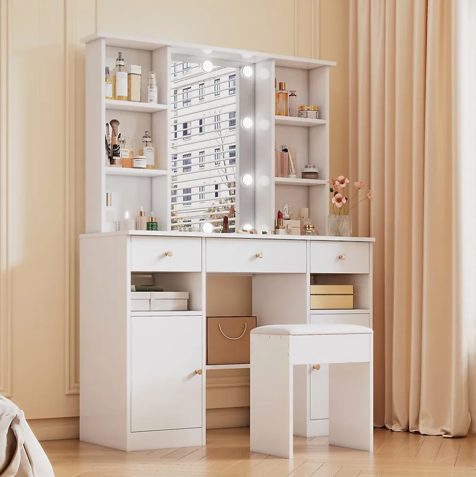 Coiffeuse - Table de Maquillage avec Éclairage LED, Miroir et Housse, 3 Tiroirs, 2 Portes, Spanplatte - 110x40x151 cm, Blanc