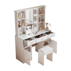 Coiffeuse - Table de Maquillage avec Éclairage LED, Miroir et Housse, 3 Tiroirs, 2 Portes, Spanplatte - 110x40x151 cm, Blanc