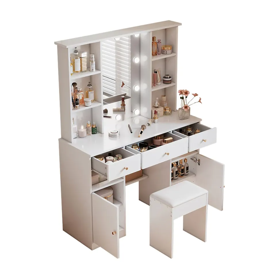 Coiffeuse - Table de Maquillage avec Éclairage LED, Miroir et Housse, 3 Tiroirs, 2 Portes, Spanplatte - 110x40x151 cm, Blanc