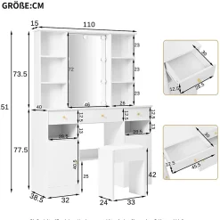 Coiffeuse - Table de Maquillage avec Éclairage LED, Miroir et Housse, 3 Tiroirs, 2 Portes, Spanplatte - 110x40x151 cm, Blanc