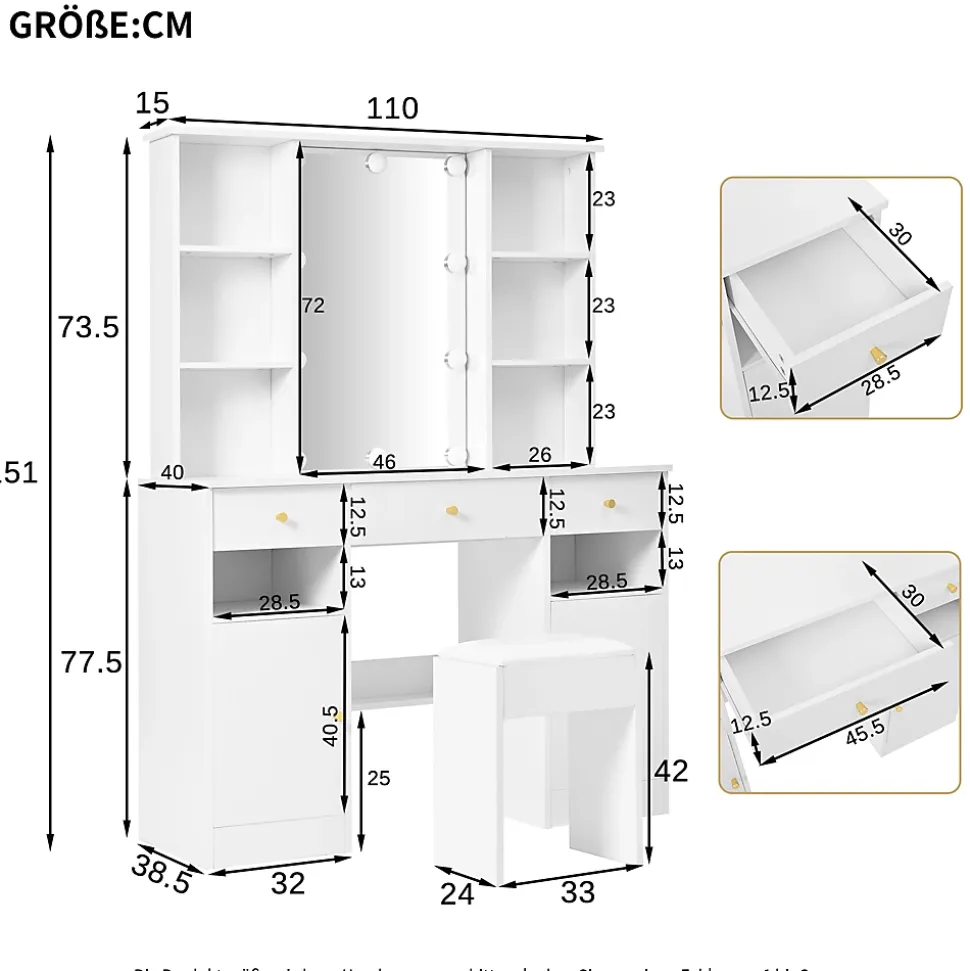 Coiffeuse - Table de Maquillage avec Éclairage LED, Miroir et Housse, 3 Tiroirs, 2 Portes, Spanplatte - 110x40x151 cm, Blanc