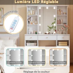 Coiffeuse - Table de Maquillage avec Éclairage LED, Miroir et Housse, 3 Tiroirs, 2 Portes, Spanplatte - 110x40x151 cm, Blanc