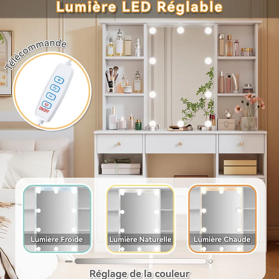 Coiffeuse - Table de Maquillage avec Éclairage LED, Miroir et Housse, 3 Tiroirs, 2 Portes, Spanplatte - 110x40x151 cm, Blanc