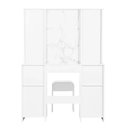 Coiffeuse - Table de Maquillage avec Éclairage LED, Miroir et Housse, 3 Tiroirs, 2 Portes, Spanplatte - 110x40x151 cm, Blanc
