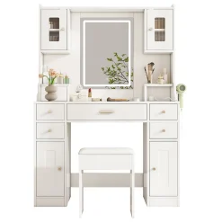 Coiffeuse - Table de Maquillage avec Éclairage LED, Prises et Miroir, 6 Tiroirs, 4 Portes, MDF - 105x40x152 cm, Blanc