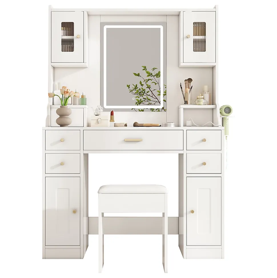 Coiffeuse - Table de Maquillage avec Éclairage LED, Prises et Miroir, 6 Tiroirs, 4 Portes, MDF - 105x40x152 cm, Blanc