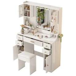 Coiffeuse - Table de Maquillage avec Éclairage LED, Prises et Miroir, 6 Tiroirs, 4 Portes, MDF - 105x40x152 cm, Blanc