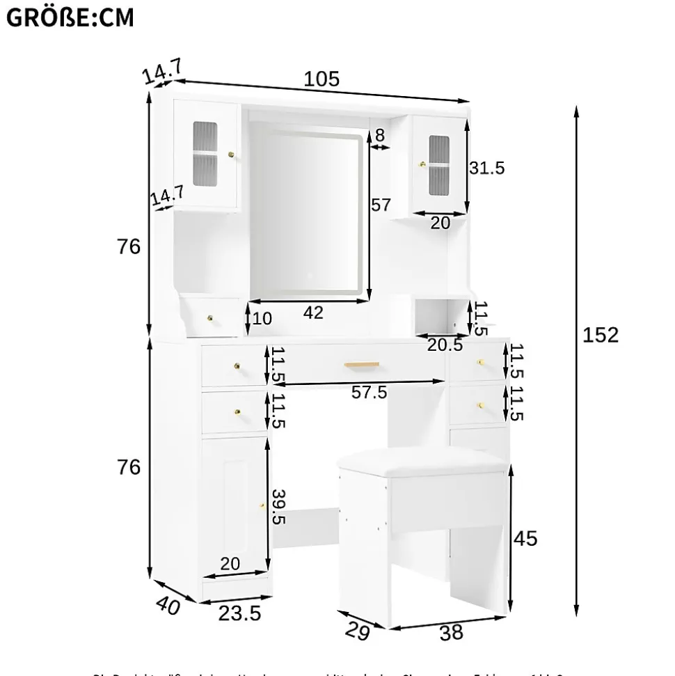Coiffeuse - Table de Maquillage avec Éclairage LED, Prises et Miroir, 6 Tiroirs, 4 Portes, MDF - 105x40x152 cm, Blanc