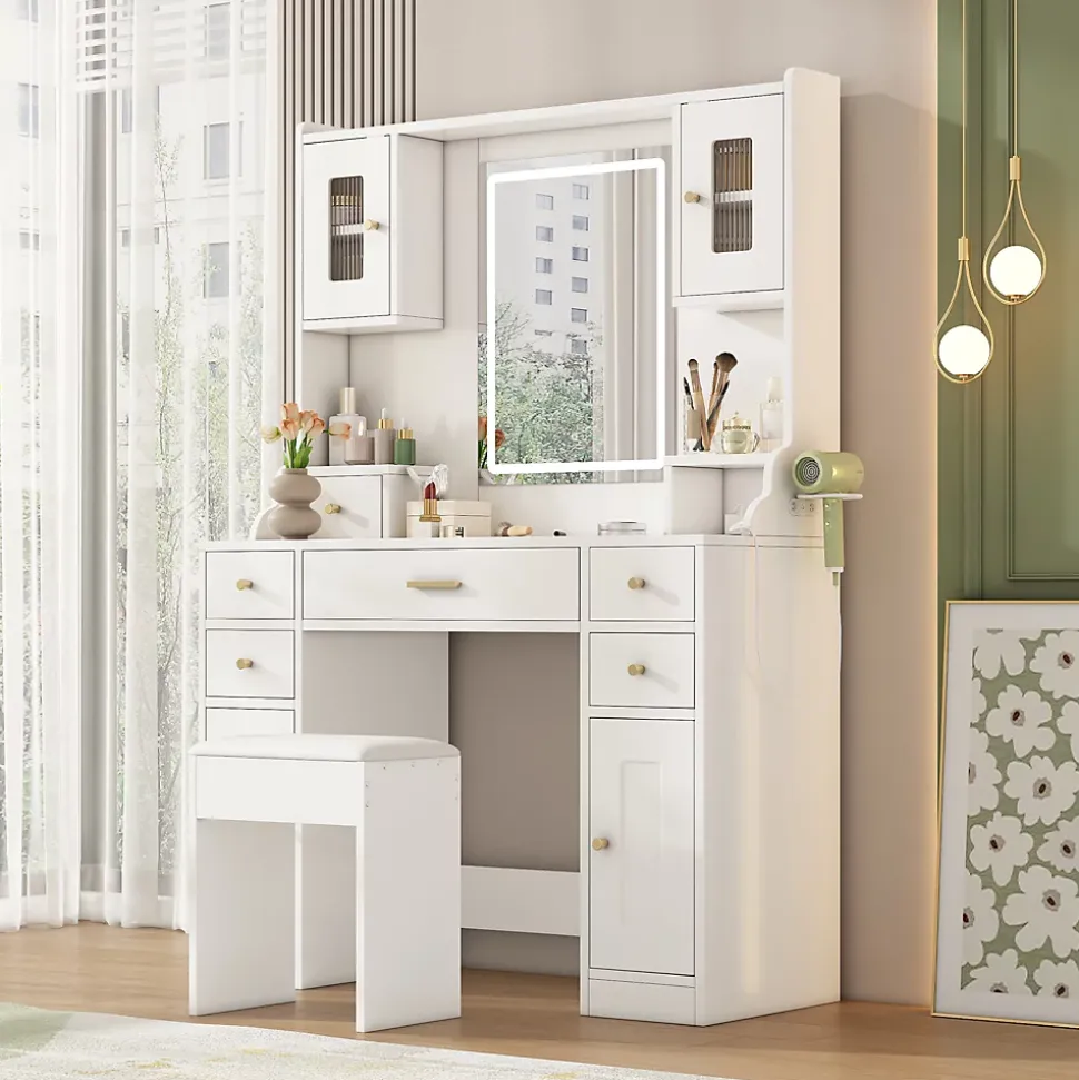 Coiffeuse - Table de Maquillage avec Éclairage LED, Prises et Miroir, 6 Tiroirs, 4 Portes, MDF - 105x40x152 cm, Blanc