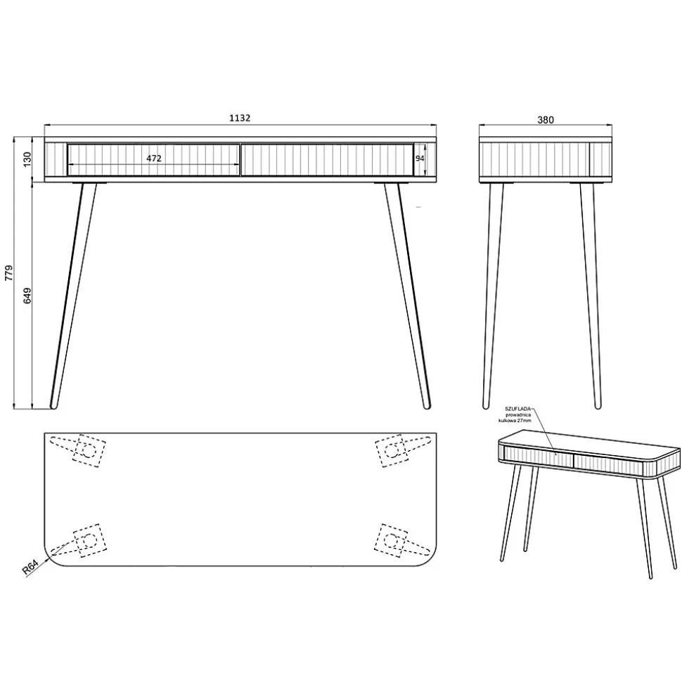 Coiffeuse 2 tiroirs façades cannelées noire 113 cm OVARLO