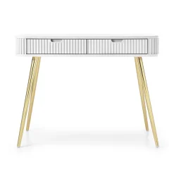Coiffeuse 2 tiroirs façades laminées blanche pieds dorés 110 cm ZOVA