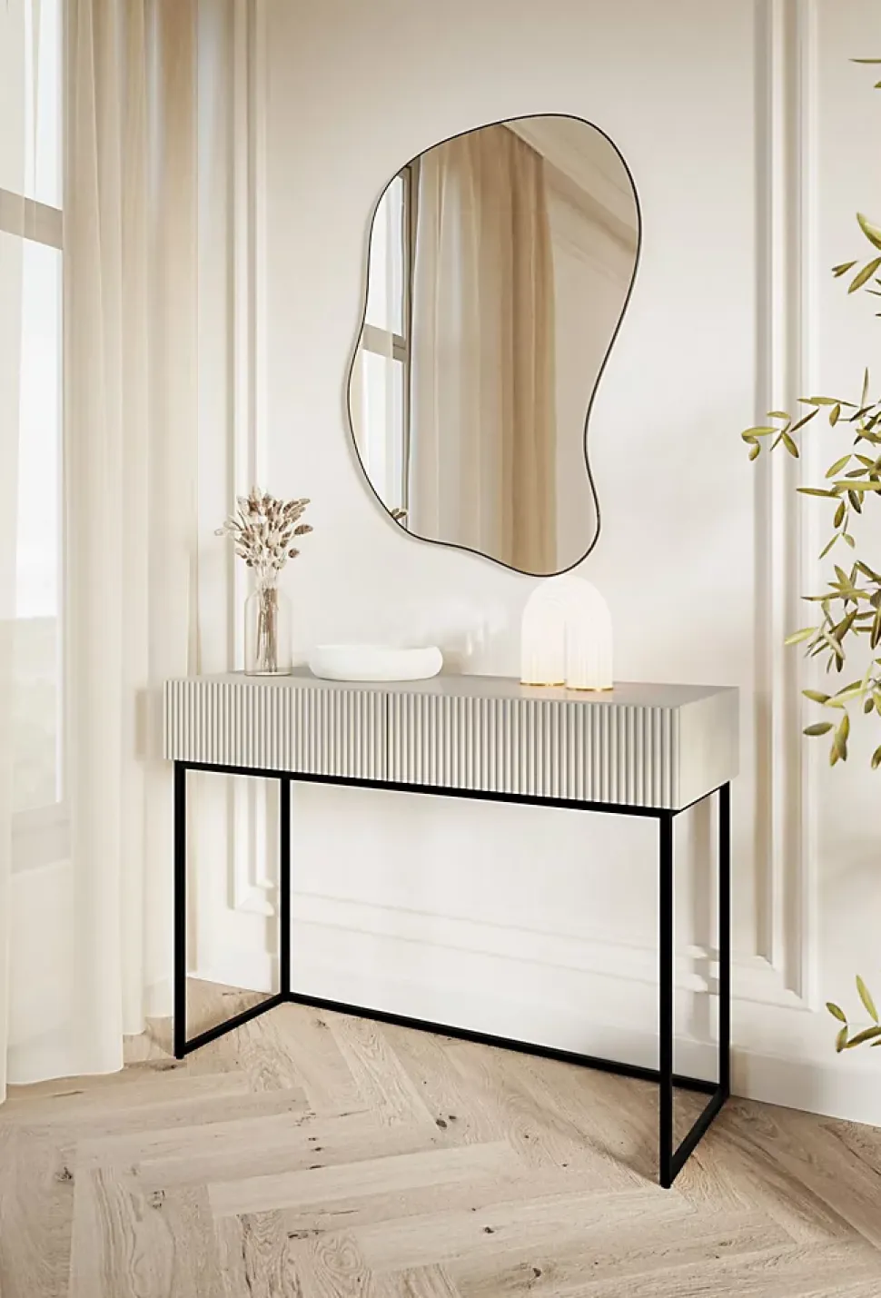 Coiffeuse 2 tiroirs grège pieds noirs 110 cm VELDIO