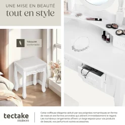 Coiffeuse avec 3 miroirs 7 tiroirs au look antique, avec tabouret rembourré