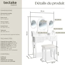 Coiffeuse avec 3 miroirs 7 tiroirs au look antique, avec tabouret rembourré