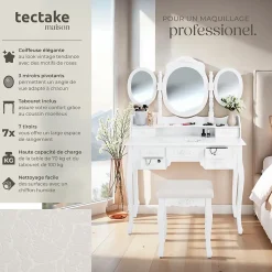 Coiffeuse avec 3 miroirs 7 tiroirs au look antique, avec tabouret rembourré