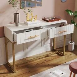 Coiffeuse avec 2 Tiroirs et Pieds en Métal, design Moderne en Panneau de Particules, Dimensions 100 x 45 x 75 cm - Blanc