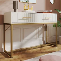 Coiffeuse avec 2 Tiroirs et Pieds en Métal, design Moderne en Panneau de Particules, Dimensions 100 x 45 x 75 cm - Blanc