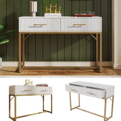Coiffeuse avec 2 Tiroirs et Pieds en Métal, design Moderne en Panneau de Particules, Dimensions 100 x 45 x 75 cm - Blanc