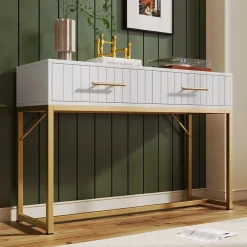 Coiffeuse avec 2 Tiroirs et Pieds en Métal, design Moderne en Panneau de Particules, Dimensions 100 x 45 x 75 cm - Blanc