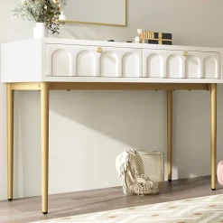Coiffeuse avec 2 Tiroirs pour Chambre, Pieds en Métal et Panneau de Particules, Dimensions 100 x 45 x 76,5 cm - Blanc Crème