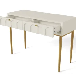 Coiffeuse avec 2 Tiroirs pour Chambre, Pieds en Métal et Panneau de Particules, Dimensions 100 x 45 x 76,5 cm - Blanc Crème