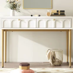 Coiffeuse avec 2 Tiroirs pour Chambre, Pieds en Métal et Panneau de Particules, Dimensions 100 x 45 x 76,5 cm - Blanc Crème