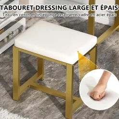 Coiffeuse avec grand miroir LED, tabouret, 6 tiroirs, étagères ouvertes, rangement dissimulé, design moderne, Blanc