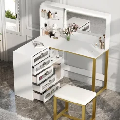 Coiffeuse avec grand miroir LED, tabouret, 6 tiroirs, étagères ouvertes, rangement dissimulé, design moderne, Blanc