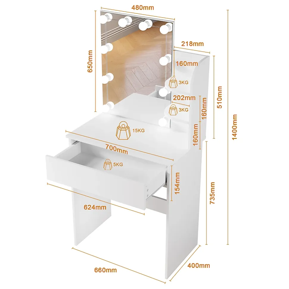 Coiffeuse avec LED Miroir SIRHONA Blanche 70x40x140cm Table de Maquillage avec Grands Tiroirs et étagères