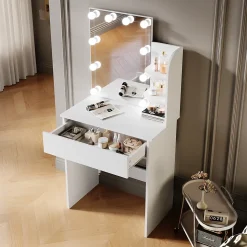 Coiffeuse avec LED Miroir SIRHONA Blanche 70x40x140cm Table de Maquillage avec Grands Tiroirs et étagères