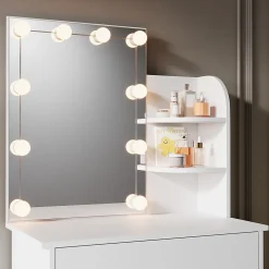 Coiffeuse avec LED Miroir SIRHONA Blanche 70x40x140cm Table de Maquillage avec Grands Tiroirs et étagères